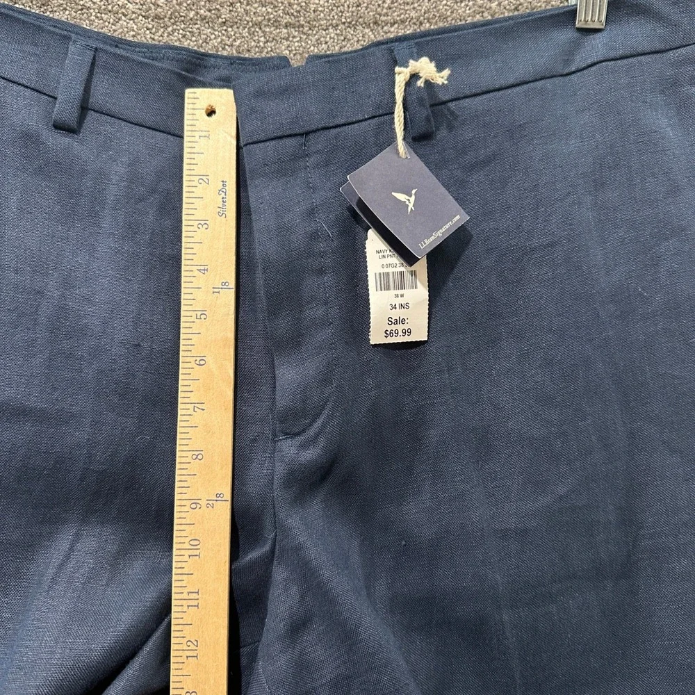 LL Bean Signature Kennebunk 100% Linen Pants Mens 38x34 Navy Blue Coastal Summer